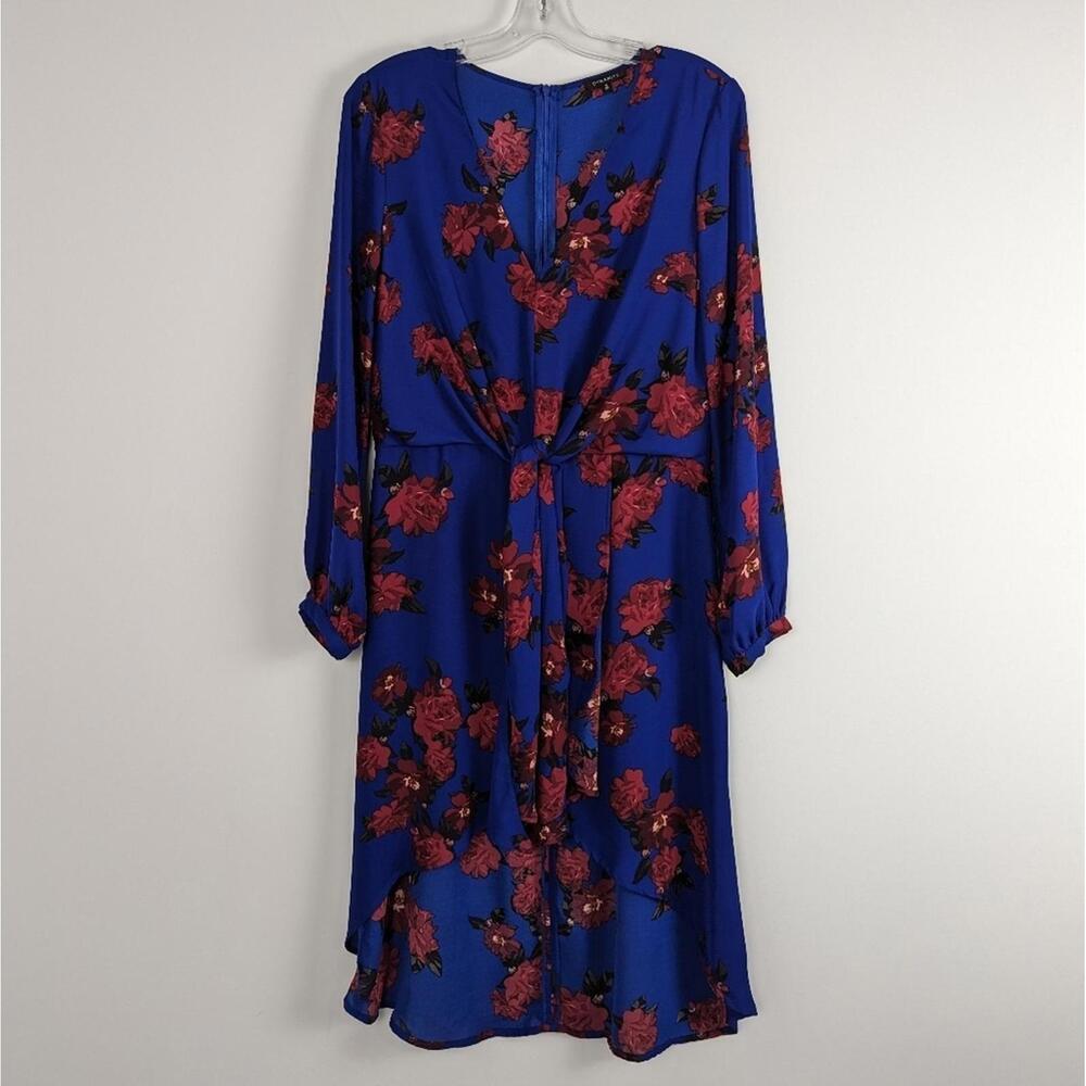 Women's Floral Print Tie-Waist Dress - Blue & Red - Size M